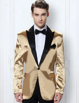 Златни мъжки костюми с ревера на една пуговице, Модни смокинги Custome Homme, Ново Записване, Блейзър, Костюми Terno Slim Fit (яке + Панталон + папийонка)