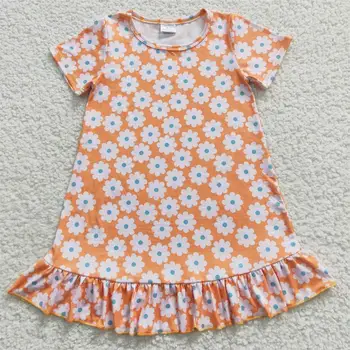 Продажба на едро, Бутик, Лятно детско оранжевото рокля с къси ръкави и цветен печат за малки момичета с дължина до коляното, твърди дрехи с цветен модел