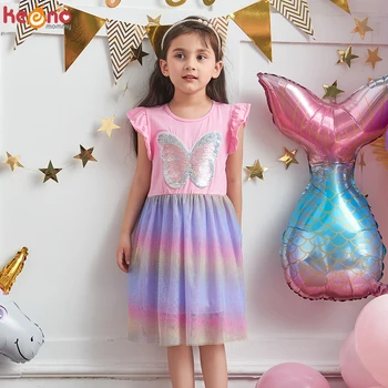 Лятна рокля на принцеса за момичета, детски костюм на пеперуда с пайети за детски рожден ден, рокли за абитуриентски бал с изгорени ръкави, ежедневни рокли