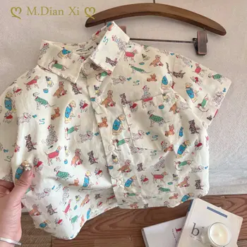 Детски дрехи 2023, Лятна блуза с къс ръкав и принтом сладък анимационен кучета за момичета и момчета, детски ежедневни риза, риза модерен за момчета