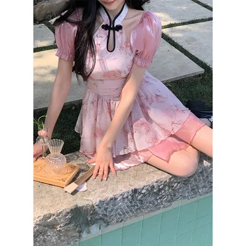 Женствена рокля, лятна пола-чонсам, пищната пола с къси ръкави, Къса пола розов цвят, с модерен дизайн в китайски стил, рокля-пола в костите на рибата