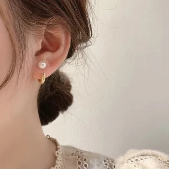 Корейски перлени обеци Dongdaemun, женски метални обици-халки с по-студен вятър, висококачествени прости и две обеци