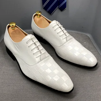 Голям размер на 13 47, класически италиански мъжки oxfords от естествена кожа, бели обувки дантела с остри пръсти за сватбени партита, вечерни обувки за мъже