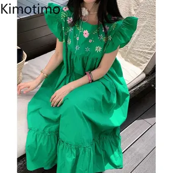Kimotimo, корейското модно рокля с летящими ръкав, бродерия, Секси лятна рокля 2023 с Квадратна яка, Свободни Гънки, дълги Плажни Рокли с волани
