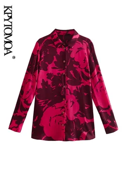 KPYTOMOA/ дамски ризи с модерен принтом, реколта дамски блузи с дълъг ръкав и копчета отпред, шик върховете