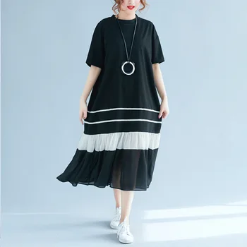Johnature 2023, Лятно Ново плиссированное дамско памучно рокля с къс ръкав в стил мозайка, Черно-Червена рокля
