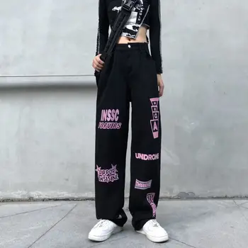Градинска дрехи, реколта дамски черни дънки, пролет-есен, нови панталони в стил хип-хоп с писмото принтом, свободни широки ежедневни панталони 2023