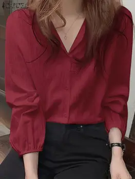 ZANZEA Модни текстурирани Ризи 2023, Дамски Елегантни Блузи с пищни ръкави, Летни Ризи с кръгло деколте, корейски стилни ежедневни блузы копчета