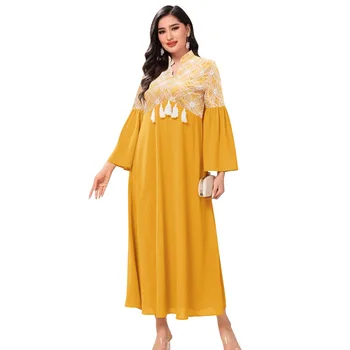 2023 Пролетно-Лятно Мюсюлманската Женствена Рокля С Дълъг ръкав и V-образно деколте От Полиестер Жълт Цвят С Бродерия, Вечерни Рокли, Мюсюлмански дрехи За Жени