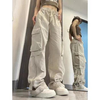 Дамски панталони-карго с големи джобове, Y 2k, високо-еластична талия, широки панталони с завязками, реколта ежедневни преки свободни панталони със страничен цип