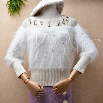 Дамски есенно-зимни дрехи, бяла бродирани мъниста вълнист листна норки, вълнен трикотаж с ръкав три четвърти, тънка блуза, пуловер, пуловер