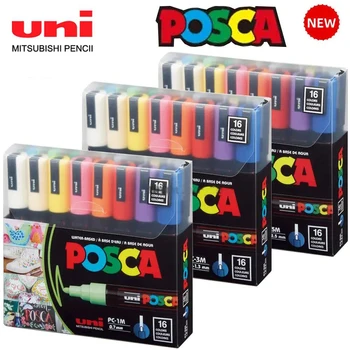 Japan Uni POSCA Набор от 16 акрилни Писалки за чертане, PC-1M, 3M, 5M, 16C, Маркери за Наскальной Живопис, Плат, Стъкло, Метал и Графити