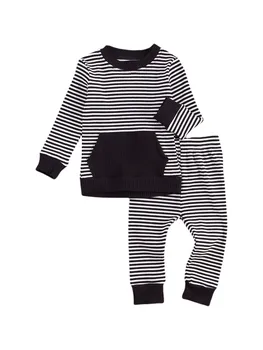 Детска тениска с дълъг ръкав, костюм със штанами, комплект дрехи в лента за новородени момчета и момичета, есенни блузи с кръгла яка, риза, панталони, костюми
