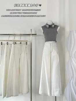 Дамски корейски модни широки бели дънки, дънкови широки панталони, дизайнерски, нови, дълги панталони 2000-те, эстетичные свободни Y2k, градинска облекло Tide