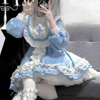 Женствена рокля в стил Харадзюку в готически стил в стил Лолита с лък и накъдрен, синьо-бели рокли принцеса в стил мозайка, мини-рокля за японски чай за момичета