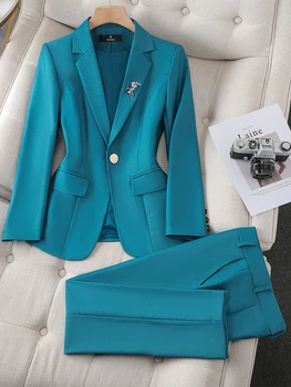 Женски костюм с блейзером и панталони, зелено, лилаво, синьо, черно, монофонични официално сако, панталони, дамски бизнес работно облекло, комплект от 2 теми