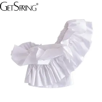 Дамска блуза GetSpring 2022, Лятна бяла риза с къс диагонал яка и волани на едно рамо, модерен универсални дамски блузи, Новост