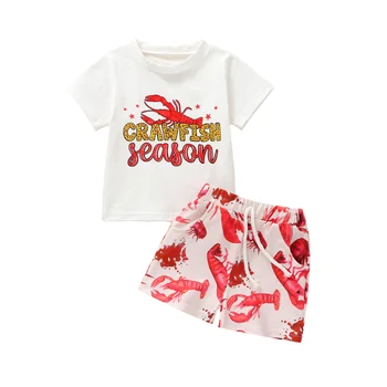 FOCUSNORM 2 бр. летни всекидневни комплекти дрехи за момичета и момчета от 0 до 4 години, тениски с къс ръкав и писмото принтом + Гащета с мультяшными животни