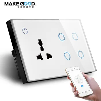 MakeGood Стандартен комбиниран ключ Великобритания с чувствителен на допир стъклен панел на Smart WIFI 4-ганговый ключа за лампата и стенни изход за Google Home