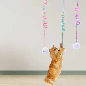 Играчки за котки, Играчка за царапания, 2-метров пружинящий камбанка, топка от козината на заек, интерактивна игра, прибиращ се въже за дразнения котки, играчки за домашни любимци