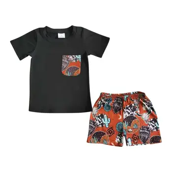 Риза за малки момчета, комплекти детско облекло с принтом кактус в западен стил, черен костюм с къс ръкав и горния джоб