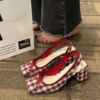 Дамски сандали Mary Jane на висок ток Baotou с отворен гръб; сезон пролет-2023; модни фини обувки с дебел ток, с квадратни пръсти и лък; дамски обувки