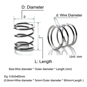 Диаметър 1,0 mm 304 Пружина компресия от неръждаема стомана с Цилиндрична Спирална Пружина компресия Пружина налягане OD6-16mm Дължина 10 до 50 мм
