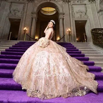 Пищни рокля от розово злато, расшитое перли и кристали, бална рокля с открити рамене, Апликации, набори, Корсет Sweet 15 Vestidos De Quinceanera