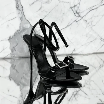 Дамски летни сандали, модерни черни дамски обувки-лодка от естествена кожа на много висок ток с катарама с кристали, вечерни модела обувки Zapatillas Muje