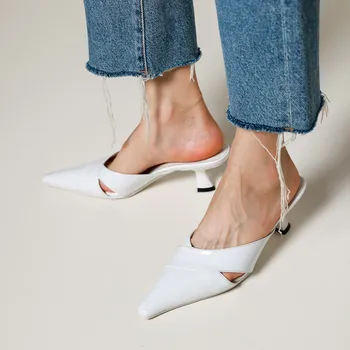 Сандали с остри пръсти, дамски обувки-лодка от лачена кожа, мюли във френски стил, пролетно-есенна проста обувки, летни дамски обувки на сексуалното тънките токчета