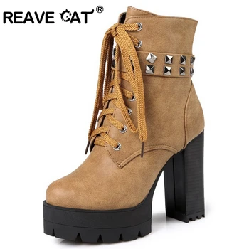 Обувки REAVE CAT/ женски ботильоны на висок ток и платформа с нитове и цип в стил пънк, Модни дамски обувки дантела в стил ретро, mujer Cool A4550