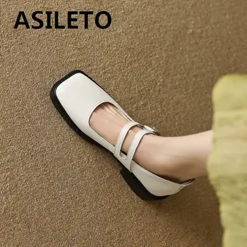 Asileto/ дамски обувки-лодка с квадратни пръсти на среден ток 3.5 см и джапанки с двойна катарама; дамски елегантни обувки Mary Jane всеки ден; по-големи размери 41, 42, 43