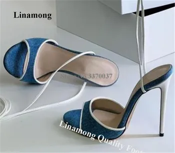 Linamong/ топ сини дънкови сандали на тънък ток, с шнур, леопардовые сандали-гладиатори на висок ток, вечерна рокля, токчета Голям Размер