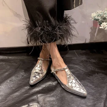 2023 г. Новата Пролетно дамски обувки Цвят: Златист, Сребрист, с Остри пръсти, В масивна ток, Однотонная Обувки на равна подметка, Дамски Обувки Zapatillas Mujer