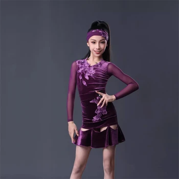 Бебешка рокля за латино танци с дълги ръкави и модел на lotus за момичета, рокли за състезания, костюми за състезателни танци NY06 0395