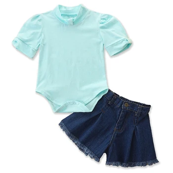 Комплекти летни детски дрехи от 2 теми за малките момичета, модни однотонная фланелка с къс ръкав + дънкови шорти, дрехи за новородени BC2387-1