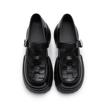 Нови Лоферы с Изрезки, Дамски обувки на платформа, 2023, Пролетно Новост, Ежедневни дамски обувки на висок Ток, Студентски Обувки от Естествена Кожа с Катарама, Дамски Обувки