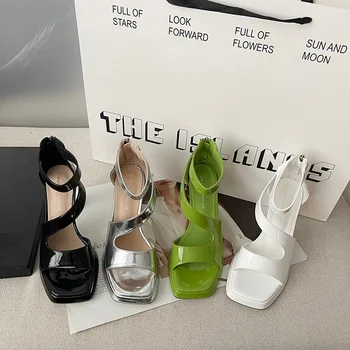 Мода 2023 г., Пикантни Женски Банкетни обувки с Дебел Ток, с Квадратни Пръсти и Отворени Пръсти, Zapatillas Mujer, Елегантна Рокля с Високи Токчета