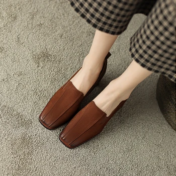 Дамски обувки 2023 г., женски обувки с квадратни пръсти и масивен ток, пролетни дамски обувки-лодка от памучен плат, марка ръчно изработени обувки от телешка кожа