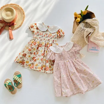 Лятна рокля за момичета, корея, детски дрехи, винтажное рокля с къси ръкави и ревера под формата на кукла-мече за малки момичета, Vestidos 2-8 години