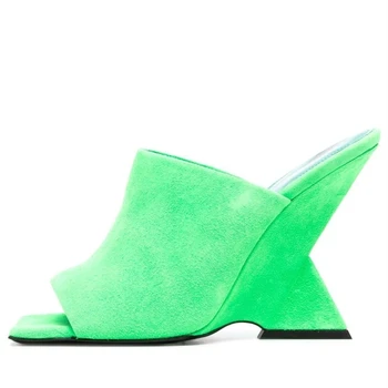 2023 Лятна нова дамски обувки Мюлер на танкетке и висок ток, чубрица чехли с рибено уста, обувки-лодки, сребристо-зелени на розови сандали, големи размери 34-43