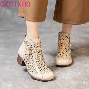 GKTINOO/ 2023; Летни Ботильоны; Обувки от естествена кожа; Дамски Сандали на среден ток със страничен цип; Дишащи Обувки С изрезки; Mujer Zapatos
