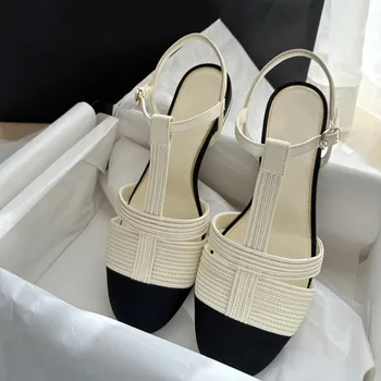 Нови дамски сандали на равна подметка със затворени пръсти, модни връхни дрехи, универсални римски сандали с Т-образнымремешком de Mujer Verano