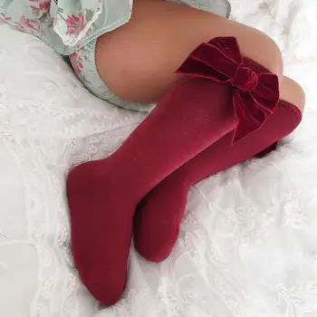 6 цвята, с кадифени чорапи принцеса с лък за момичета, детски чорапи с лък под формата на тръби.Скъпа вълна вязаный чорап до коляното за Деца 0-7 години