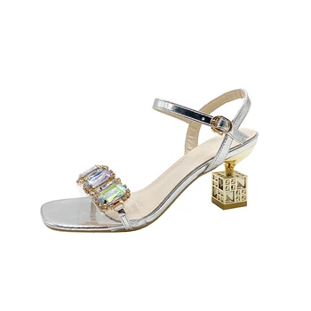 Лято 2023, дамски сандали, вечерни модни дамски обувки с кристали на висок ток и отворени пръсти, сребърни сандали, елегантни банкетни обувки Mujer