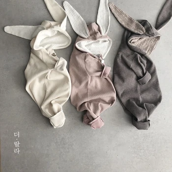 Корейски вязаный гащеризон със заек, уютен гащеризон за новородено, сиви тела, Великден дрехи за момчета и момичета, от памук с качулка 0-24 месеца