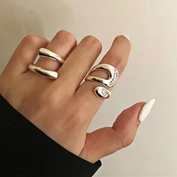 Нов дизайн, неправилни геометрични вити открити пръстени, широко пръстен в стил пънк-рок с кръг, пръстени за жени на пръстите на едро