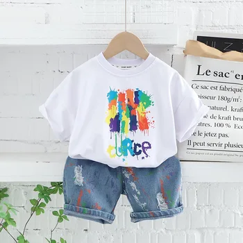 Летни детски дрехи, модерен спортен комплект с графити и къс ръкав, тениска за момчета и момичета, дънки, всекидневни комплект от две части