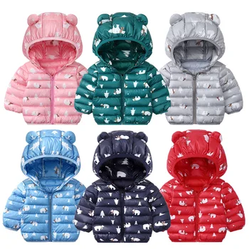 Зимни дрехи за малките момичета, топло яке с принтом Мечка за момчета, палта, якета за малки момичета, детски горна дреха с качулка, детски дрехи от 1 до 5 години