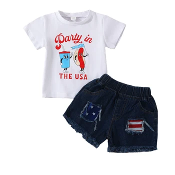 Citgeett/ Летни комплекти дрехи за един Ден на Независимостта за малки момичета, блузи с къс ръкав и писмото принтом + дънкови шорти на райета със звезди